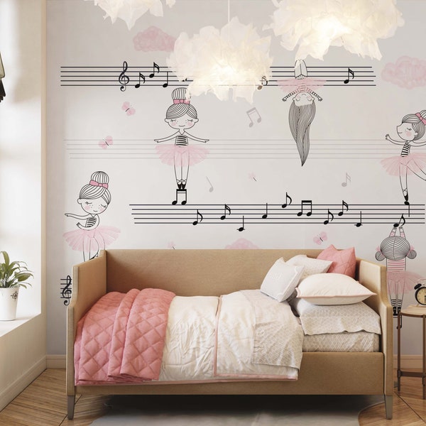 girl nursery mural, DIY peel and sticlk removable mural, ballerina décor, pink wallpaper, girls room, easy to apply, fun, inspirational.