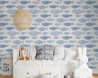 Watercolor indigo blue fish peel and stick wallpaper for DIY décor projects. Ecofriendly