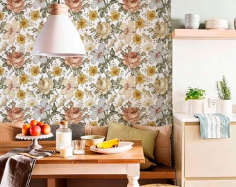Vintage floral wallpaper, boho peel and stick wallpaper