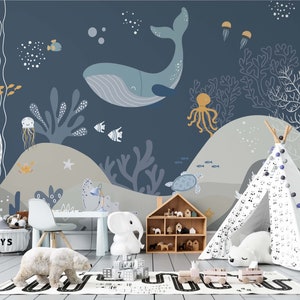 Under the sea nursery wallpaper. Aquarium wall mural, , DIY blue peel and stick, easy to apply, ecofriendly, kids fun and creative mural.