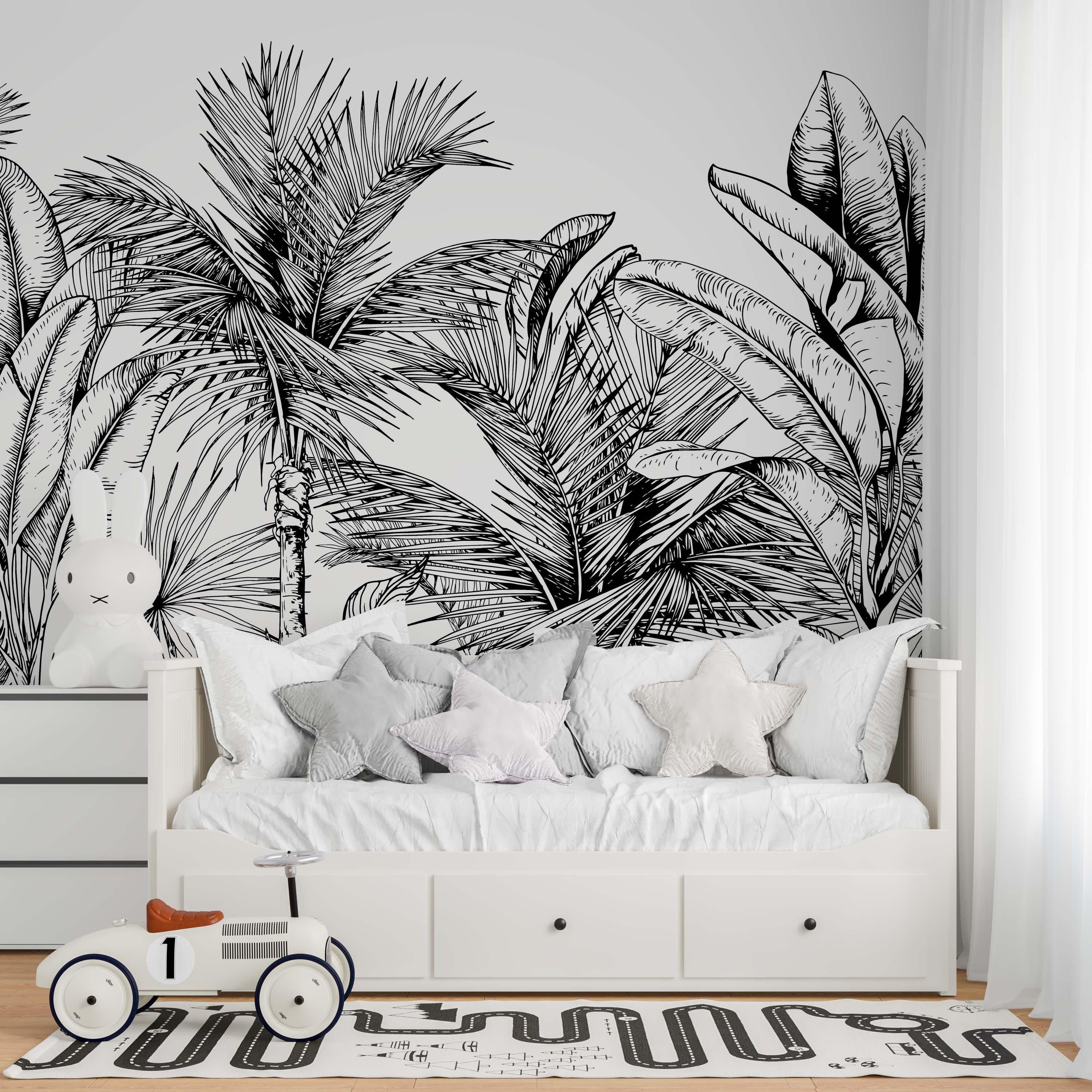 Black and White Tropical Mural, DIY Peel and Stick Jungle Mural, Jungle ...