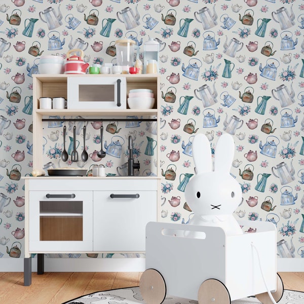 Dollhouse wallpaper with kettles and flowers pattern PDF 1:12 scale