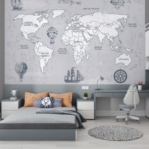 Nursery and kids room wallpaper of old world map, pirate ships and hot air balloons mural, DIY peel and stick removable, ecofriendly