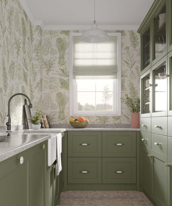 Olive green kitchen wallpaper with a farmhouse style. Custom Printed Removable Self Adhesive Wallpaper.