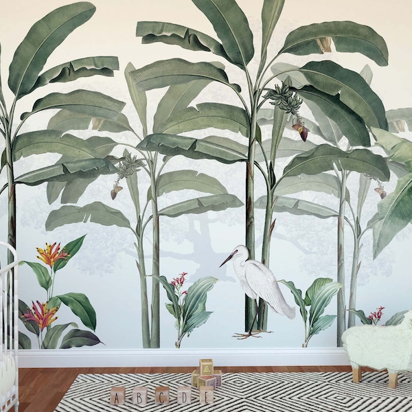 Tropical mural, DIY peel and stick removable, jungle, tropical wallpaper, green tropical plants, harmony, colorful, elegant design.