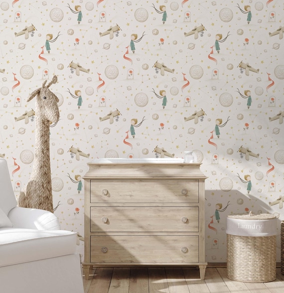 Little Prince nursery wallpaper in pastel colors. Little boy in a planet wall art décor. DIY peel and stick high quality mural.