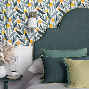 Yellow Citrus and Blue Leaf wallpaper for home decor.