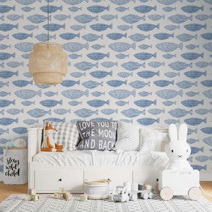 Watercolor indigo blue fish peel and stick wallpaper for DIY décor projects. Ecofriendly