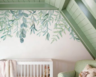 Watercolor vintage hanging green leaves wallpaper mural for DIY decor proyects. ECO friendly inks.