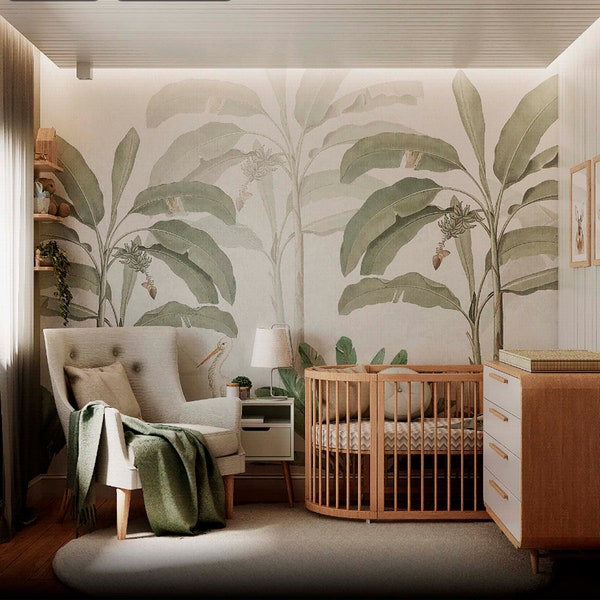 Tropical wallpaper mural for nursery decor. Jungle Peel and stick, Floral wallpaper, DIY removable.