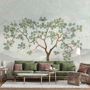 nature wallpaper mural, tree mural, DIY peel and stick, easy to install, high quality, pvc free ecofriendly, bedroom wallpaper, home decor image 1