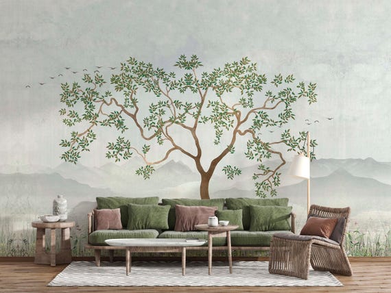 nature wallpaper mural, tree mural, DIY peel and stick, easy to install, high quality, pvc free ecofriendly, bedroom wallpaper, home decor