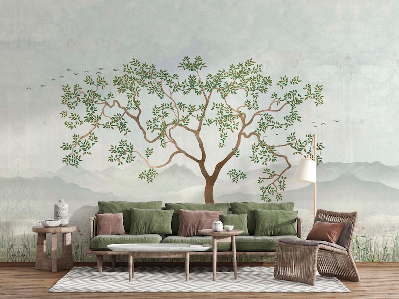 nature wallpaper mural, tree mural, DIY peel and stick, easy to install, high quality, pvc free ecofriendly, bedroom wallpaper, home decor image 1