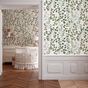Olive green Forest Wallpaper. Eucalyptus leaves motif for a nursery bedroom, easy to apply, high quality, DIY peel and stick removable.