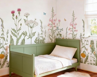 Flower wallpaper nursery, DIY peel and stick removable, easy to applu, high quality wild flowers, colorful, elegant, harmony, nature.