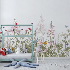 Flower wallpaper nursery, DIY peel and stick removable, easy to applu, high quality wild flowers, colorful, elegant, harmony, nature.