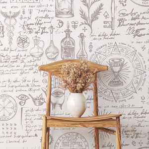 Medicine, alchemy and herbal theme white and beige wallpaper, DIY peel and stick high quality mural, pvc free ecofriendly.