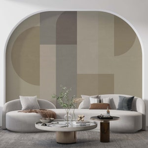 Abstract wallpaper mural with geometric shapes in peel and stick , modern wall mural, retro wallpaper, colorful retro, stylish, elegant