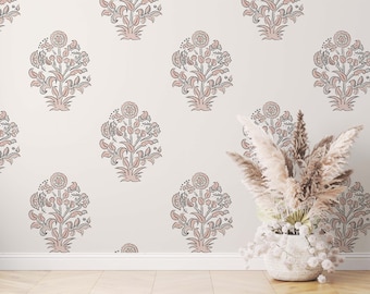 Victorian floral wallpaper in pink and grey in Peel&Stick and Traditional Wallpaper, Removable and renter friendly.