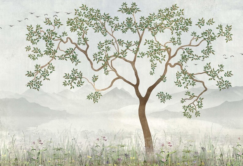 nature wallpaper mural, tree mural, DIY peel and stick, easy to install, high quality, pvc free ecofriendly, bedroom wallpaper, home decor image 4