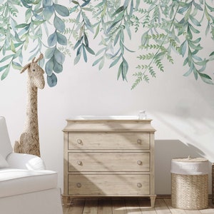Watercolor vintage hanging green leaves wallpaper mural for DIY decor proyects. ECO friendly inks.