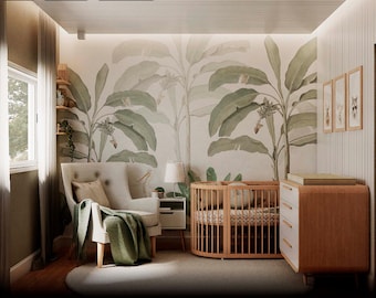 Tropical wallpaper mural for nursery decor. Jungle Peel and stick, Floral wallpaper, DIY removable.