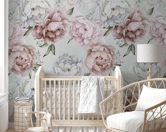Pastel peony peel and stick wallpaper,  watercolor floral wallpaper in soft colors in self adhesive material, pvc free ecofriendly.