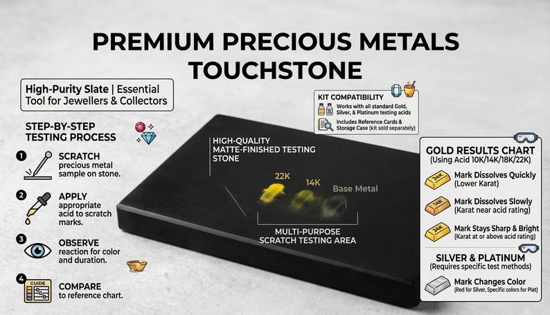 May include: A black touchstone for testing precious metals. The image shows a step-by-step testing process, a gold results chart, and a silver and platinum testing guide. The touchstone is a high-quality, matte-finished testing stone.