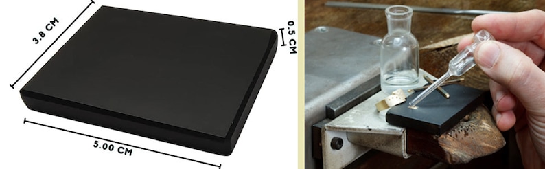 May include: A black rectangular jeweler's bench block, 5.00 cm long, 3.8 cm wide, and 0.5 cm thick. The block is used for jewelry making and repair. A glass bottle and a dropper are also visible.