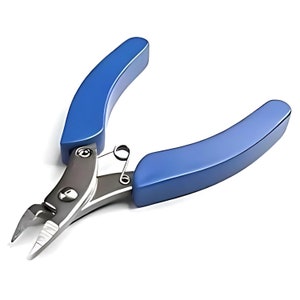 May include: Blue handled wire cutters with a silver metal blade. The cutters are closed and ready to cut.