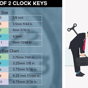 May include: A chart showing the different sizes of clock keys, with measurements in both millimeters and inches. The chart is titled "Set of 2 Clock Keys" and is divided into two sections: "Odd Size" and "Even Size Chart".