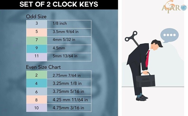 May include: A chart showing the different sizes of clock keys, with measurements in both millimeters and inches. The chart is titled "Set of 2 Clock Keys" and is divided into two sections: "Odd Size" and "Even Size Chart".