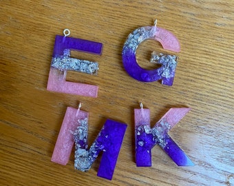 Resin Letter Keyrings - Pink and Purple with silver leaf