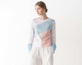 Japanese Cotton Eyelet Color block Blouse