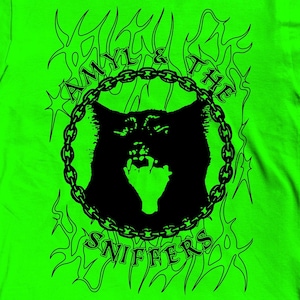 May include: A neon green t-shirt with a black graphic print of a cat's head in a chain circle. The text "Amy & The Sniffers" is printed around the circle.