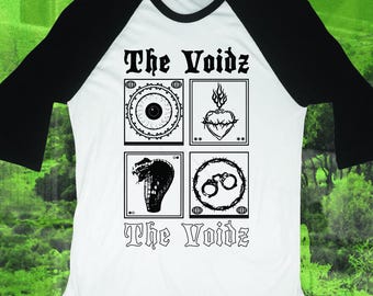 Camiseta de béisbol con estampado de cartas del tarot de rock indie alternativo: camiseta raglán en blanco y negro.