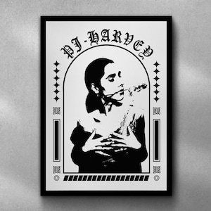 May include: Black and white illustration of a person with a flower in their mouth. The image is framed with a decorative border and the text "PJ-HARVEY" is at the top.