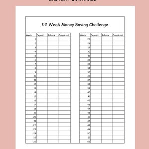 52 Week Money Saving Challenge Instant Download tracker dollar 5 10