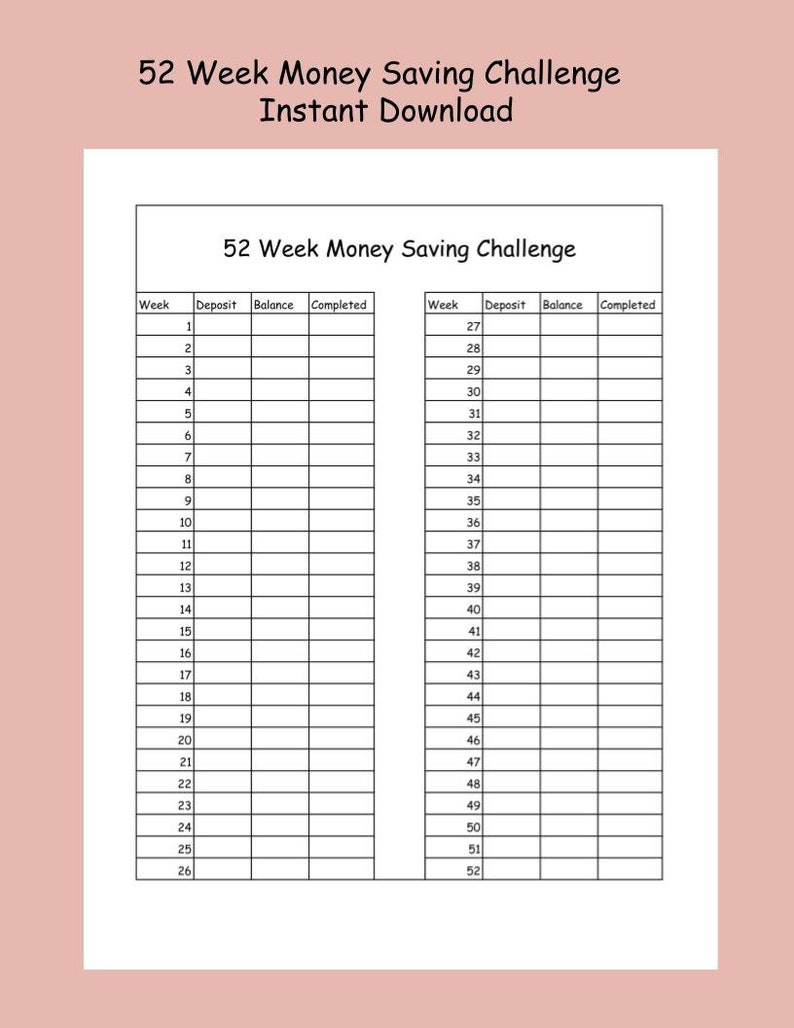 52 Week Money Saving Challenge Instant Download tracker dollar 5 10
