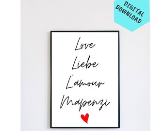 Love PRINTABLE arte de la pared, Love digital DOWNLOAD arte de la pared, decoración imprimible dormitorio, decoración de impresión de la sala de estar, descarga digital, archivo JPEG imprimible
