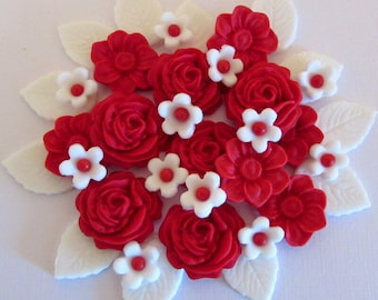 RED ROSE BOUQUET Edible sugar flowers cupcake cake decorations toppers wedding