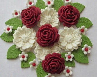 Ruby Red & White Bouquet Edible sugar flowers cupcake cake toppers weddings