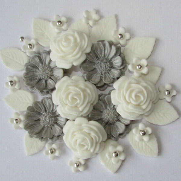 SILVER & WHITE BOUQUET Edible sugar flowers, cupcake, cake toppers, weddings.