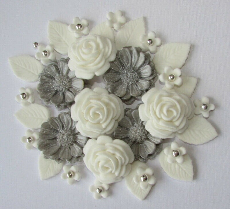 SILVER & WHITE BOUQUET Edible sugar flowers, cupcake, cake toppers, weddings. image 1