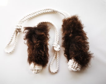 Real sheep fur and soft cotton rope dog toy for tug-of-war and chasing games