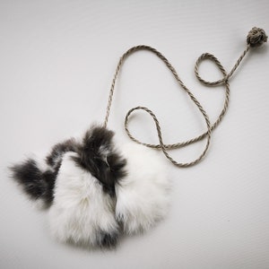 Natural rabbit fur Cat Toy with soft linen rope