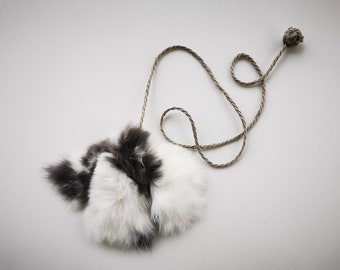 Natural rabbit fur Cat Toy with soft linen rope