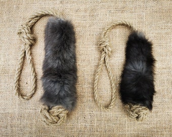 Natural rabbit fur and linen rope dog toy for tug-of-war and chasing games