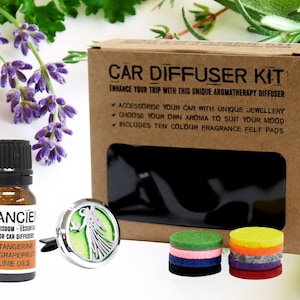 May include: A car diffuser kit featuring a silver and green car air freshener, a small bottle of essential oil, and ten colourful felt pads. The box is brown and has the text "CAR DIFFUSER KIT" printed on it. The text "ENHANCE YOUR TRIP WITH THIS UNIQUE AROMATHERAPY DIFFUSER" is also printed on the box.