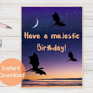 Alles Gute zum Geburtstag Nachthimmel Karte, Drachen Geburtstagskarte, digitaler Download, Karte für sie, Mond Druck, digitale Geburtstagskarte, Drachen Karte